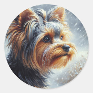 Pegatina Redonda Paisaje de invierno de Cute Yorkshire Terrier