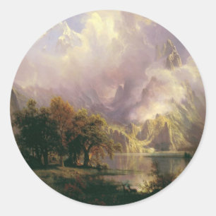 Pegatina Redonda Paisaje de Montañas Rocosas por Albert Bierstadt, 