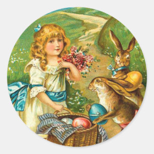 Pegatina Redonda Paisaje de Pascua Floral Vintage de chica y Bunnie