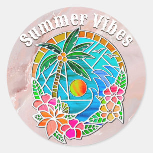 Pegatina Redonda Paisaje de verano de las palmeras acuáticas y oceá