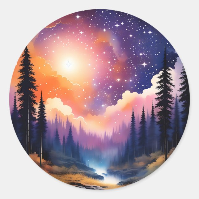 Pegatina Redonda Paisaje del cielo estrellado de los árboles (Anverso)