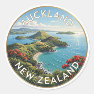 Pegatina Redonda Paisaje del golfo de Hauraki en Auckland, Nueva Ze