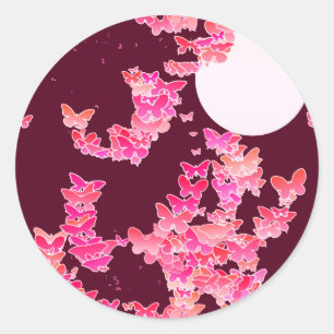 Pegatina Redonda Paisaje lunar con mariposas - rosa, borgoñona