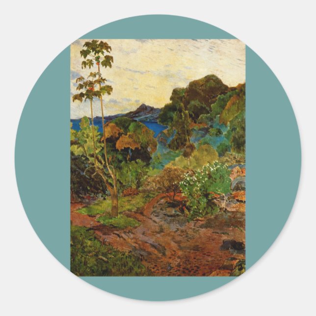 Pegatina Redonda Paisaje martiniqués de Paul Gauguin (1887) (Anverso)