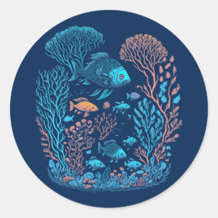 Pegatina Redonda Paisaje submarino peces coloridos y arrecife de co