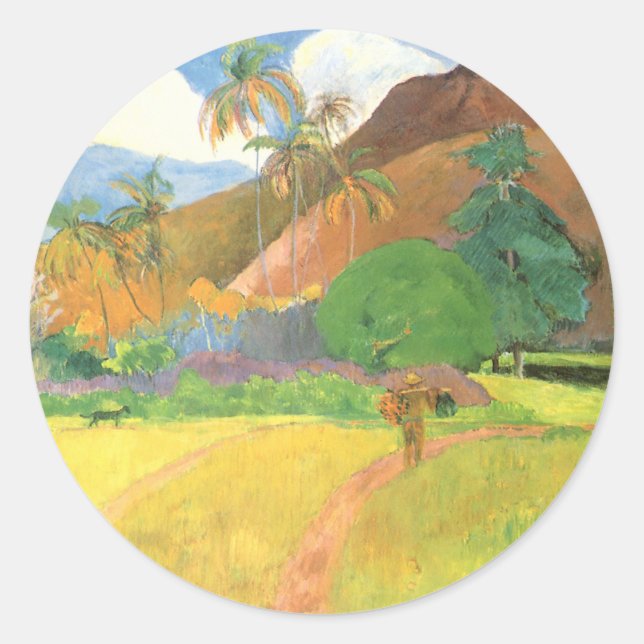 Pegatina Redonda Paisaje tahitiano, montañas Tahiti, Paul Gauguin (Anverso)