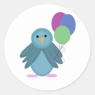 Pegatina Redonda Pajarito con globos de cumpleaños