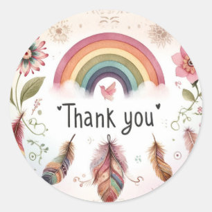 Pegatina Redonda Pájaro Arcoíris Acuarela y Plumas Boho Gracias