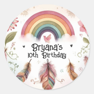 Pegatina Redonda Pájaro Arcoíris y Plumas Boho Cumpleaños Aquarela