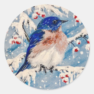 Pegatina Redonda Pájaro azul en Berries y Nieve ❄️ ❄️ ❄️