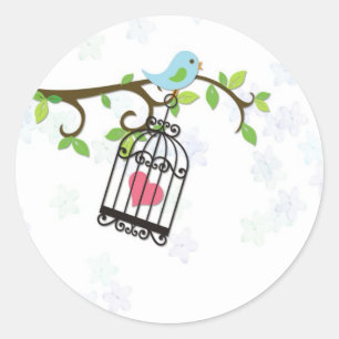 Pegatina Redonda Pájaro azul, jaula de pájaro