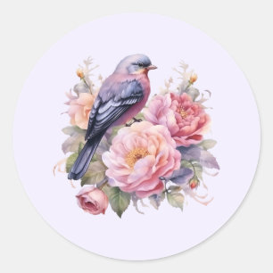 Pegatina Redonda Pájaro Cantando sobre Peonías Rosadas