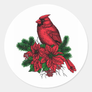 Pegatina Redonda Pájaro cardinal, ilustracion Navidad