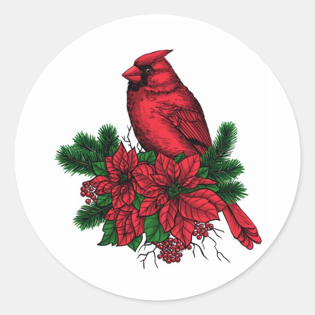 Pegatina Redonda Pájaro cardinal, ilustracion Navidad (Anverso)