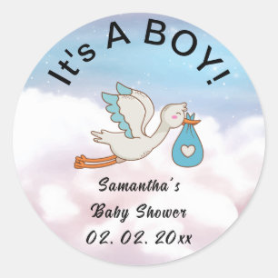 Pegatina Redonda Pájaro de cigüeña es un niño Baby Shower