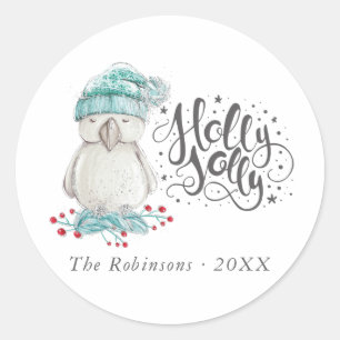 Pegatina Redonda Pájaro de invierno acuarela Holly Jolly Navidad