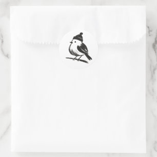 Pegatina Redonda Pájaro de invierno con gorro – Minimalismo de pinc