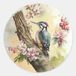 Pegatina Redonda Pájaro de madera acuarela