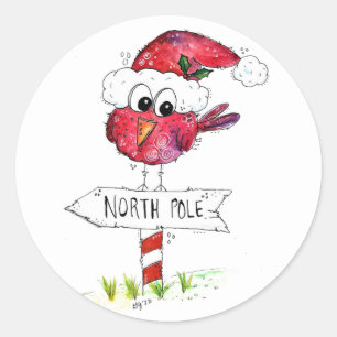 Pegatina Redonda Pájaro de Navidad Rojo Caprichoso