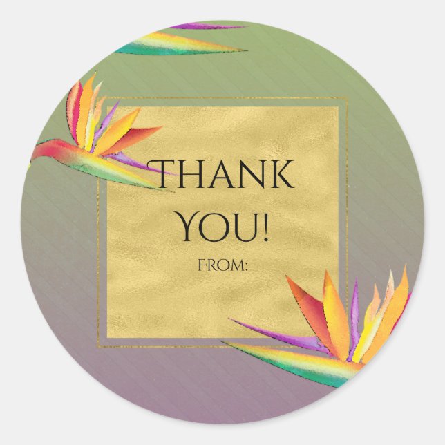 Pegatina Redonda Pájaro del paraíso Oro Púrpura y Viernes de Boda V (Anverso)