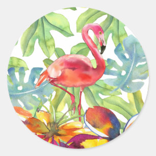 Pegatina Redonda Pájaro Flamingo Tropical Rosa