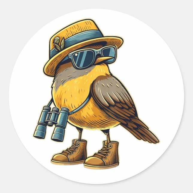 Pegatina Redonda Pájaro Nerd Gracioso Viendo Pájaros Aves Lover W (Anverso)