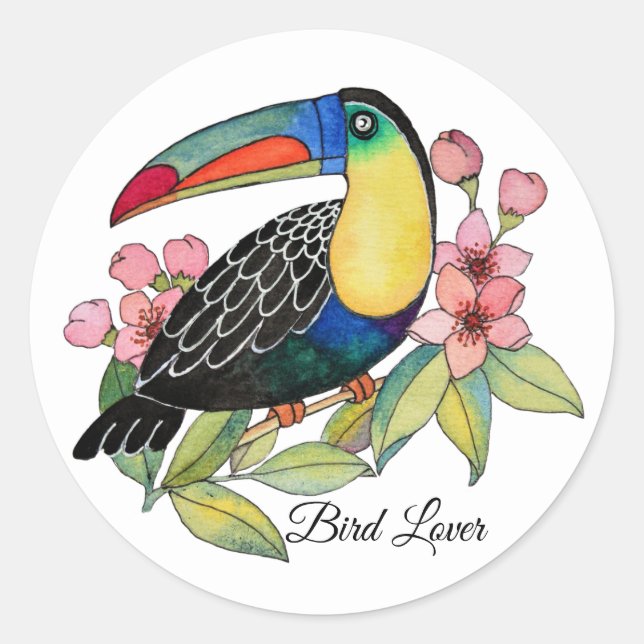 Pegatina Redonda Pájaro Turco Acuático Con Flores (Anverso)