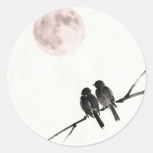 Pegatina Redonda Pájaros bajo luna de rubor