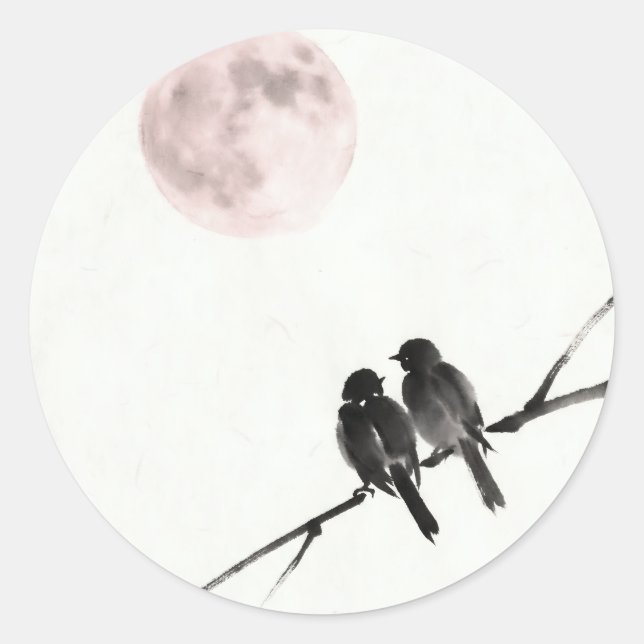 Pegatina Redonda Pájaros bajo luna de rubor (Anverso)
