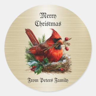 Pegatina Redonda Pájaros Cardenales Rojos de Navidad Flor Fiesta