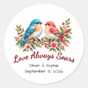 Pegatina Redonda Pájaros de Amor Acuarela Boda Aniversario Personal