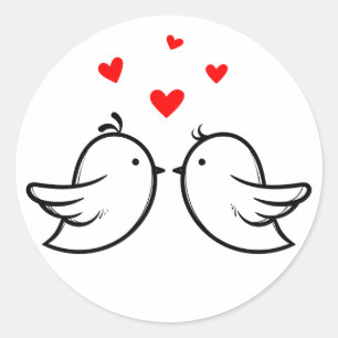 Pegatina Redonda Pájaros de Amor en Blanco y Negro Corazones Rojos
