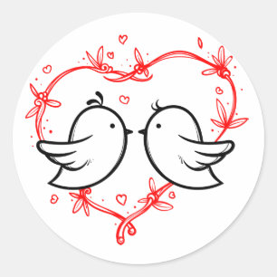 Pegatina Redonda Pájaros de amor negros Corazón rojo Boda Ducha nup