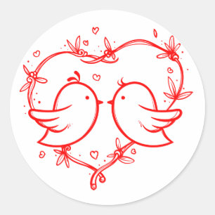 Pegatina Redonda Pájaros de Amor Rojos y Blancos & Corazón Compromi
