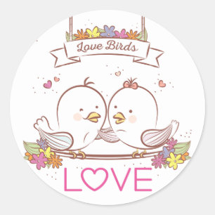 Pegatina Redonda Pájaros de Amor Rosa y Marrón Amor de Boda