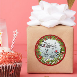 Pegatina Redonda Pájaros personalizados En Agujas De Pino De Nieve 