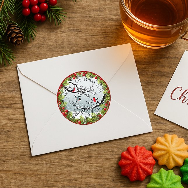 Pegatina Redonda Pájaros personalizados En Agujas De Pino De Nieve  (Subido por el creador)