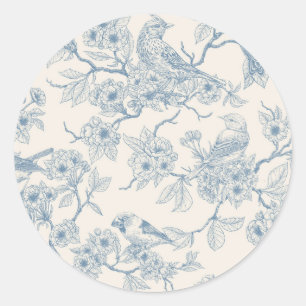 Pegatina Redonda Pájaros y flor de cerezo en azul y blanco desvaído