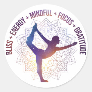 Pegatina Redonda Palabras inspiradoras para gratitud yoga pose azul