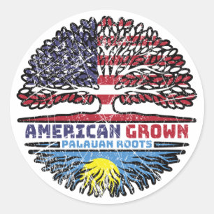 Pegatina Redonda Palau Palauan American USA Tree Roots Flag