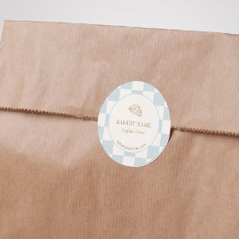 Pegatina Redonda Pale Blue Checkered Cafe Croissant Bakery
