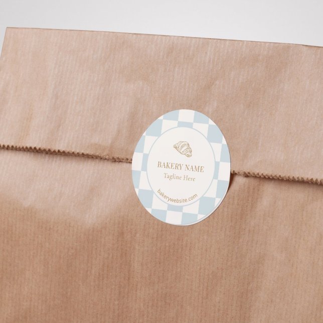 Pegatina Redonda Pale Blue Checkered Cafe Croissant Bakery (Subido por el creador)