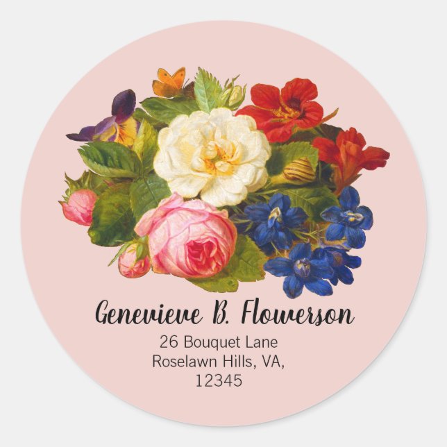 Pegatina Redonda Paleta Acacia Blanco Roses Roses Rojo Floral Marip (Anverso)