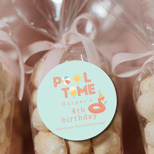 Pegatina Redonda paleta de flamenco de verano fiesta de cumpleaños  (pool time flamingo birthday pool party thank you for celebrating party favor sticker tag )