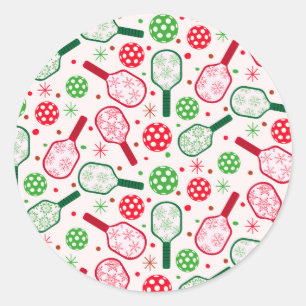 Pegatina Redonda Paletas de Pickleball Rojas y Verdes de Navidad