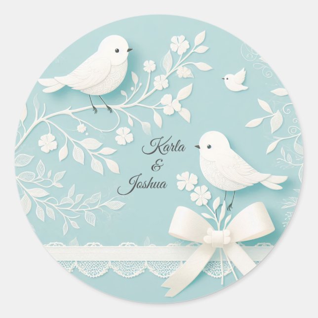 Pegatina Redonda Pálido Verde azulado de encaje romántico y Boda de (Anverso)