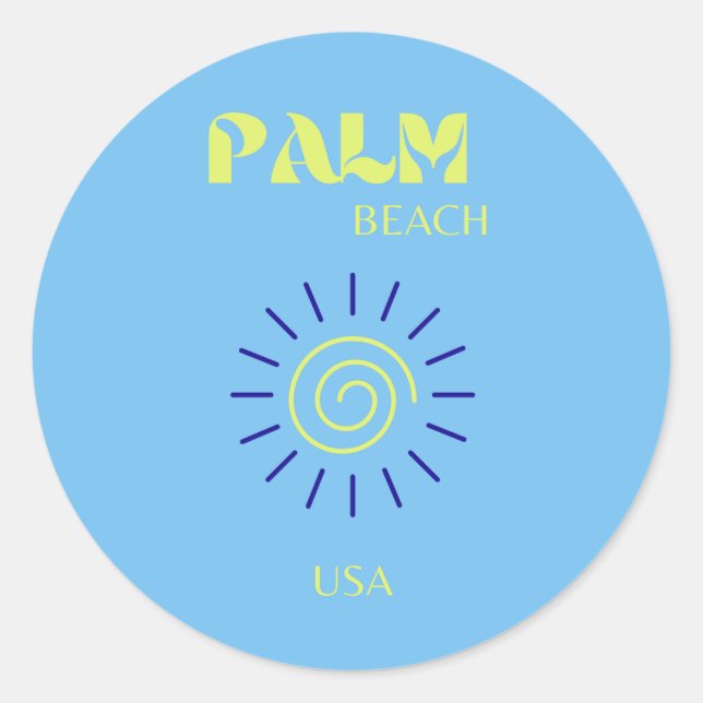 Pegatina Redonda Palm Beach, Travel Art, Florida, Preppy, Blue (Anverso)
