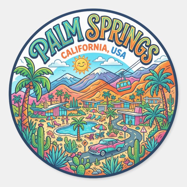 Pegatina Redonda Palm Springs California (Anverso)