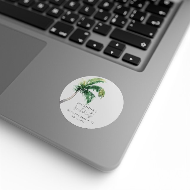 Pegatina Redonda Palm Tree Acuarela Despedida de Soltera Personaliz (Palm Tree Coastal Bachelorette Party Classic Round Stickers)