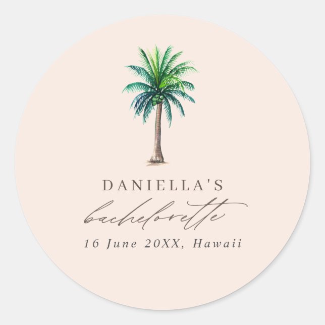 Pegatina Redonda Palm Tree Bachelorette Party Rubor Favor (Anverso)